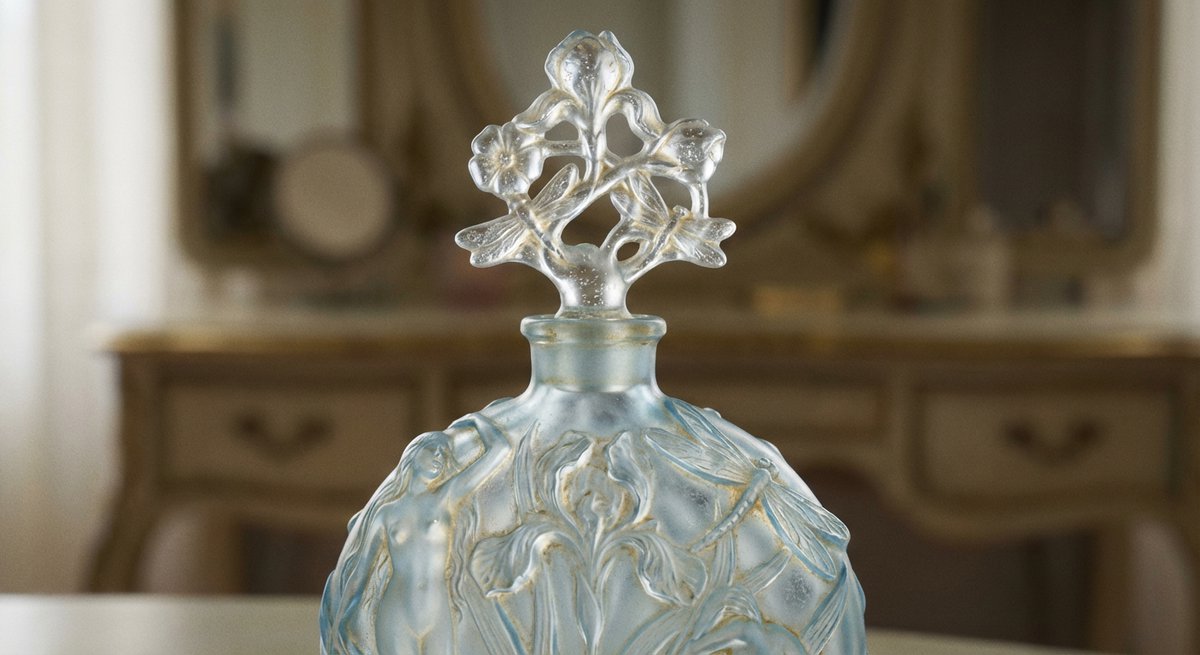 Flacone Lalique in cristallo con dettagli Art Nouveau
